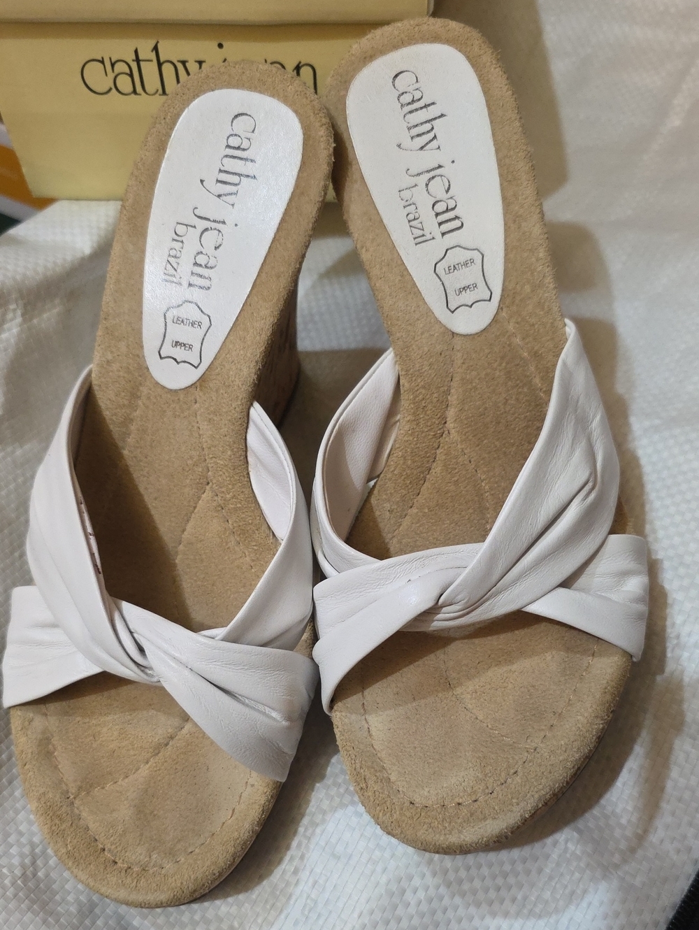 B1 Cathy Jean White Knotted Leather Wedge Slides